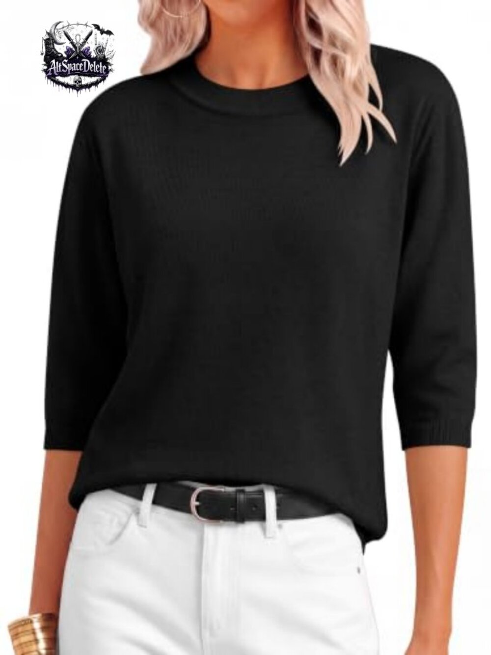 Womens 3/4 Sleeve Wool Blend Pullover Sweater Crew Neck Knit Top